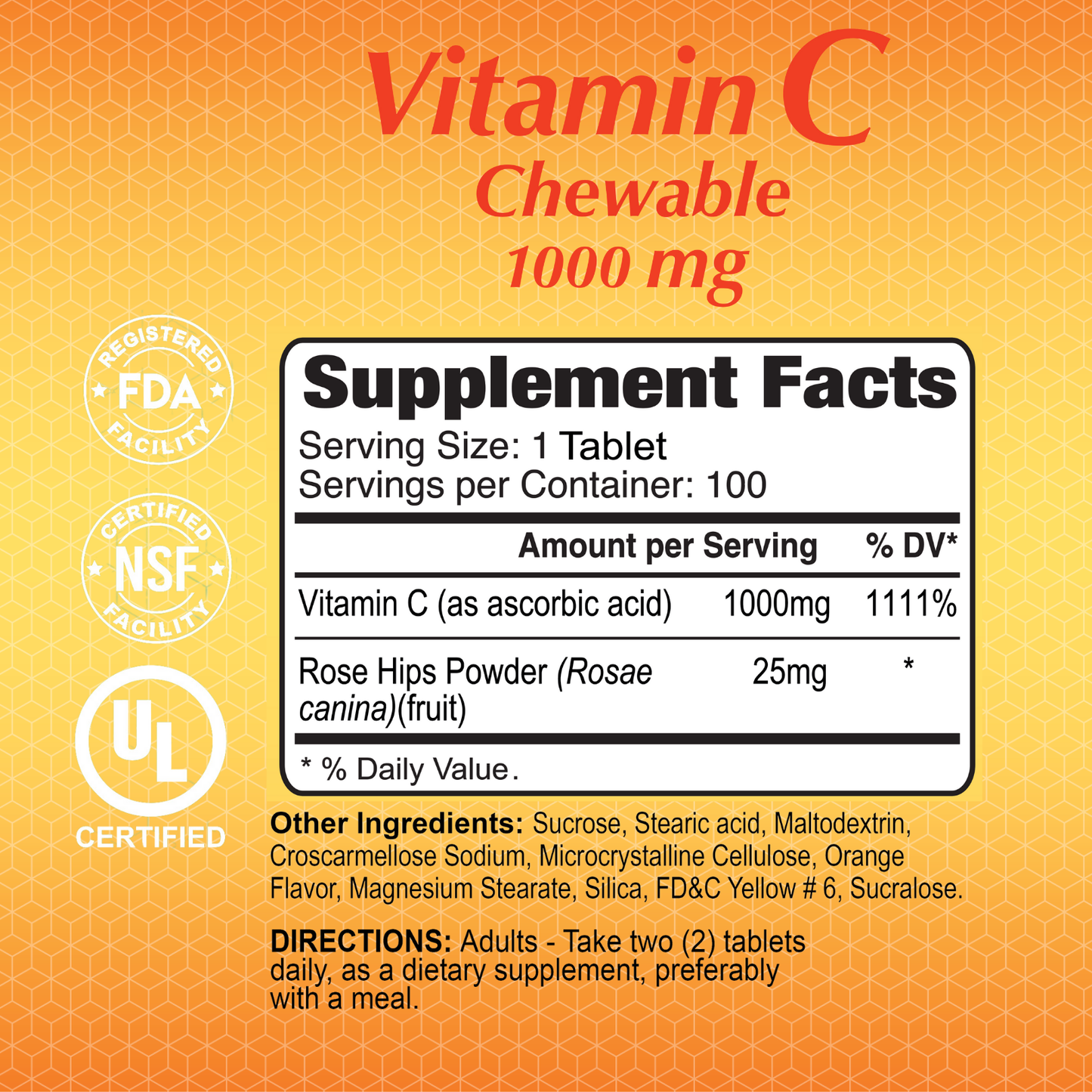 The label image of Alfa Vitamins Vitamin C 1000 mg Chewables supports immune health, detailing 1000 mg Vitamin C and 25 mg Rose Hips Powder. Certified by FDA, NSF, and UL for quality assurance, it comes in a pack of 60 tablets.