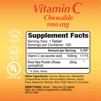 The label image of Alfa Vitamins Vitamin C 1000 mg Chewables supports immune health, detailing 1000 mg Vitamin C and 25 mg Rose Hips Powder. Certified by FDA, NSF, and UL for quality assurance, it comes in a pack of 60 tablets.