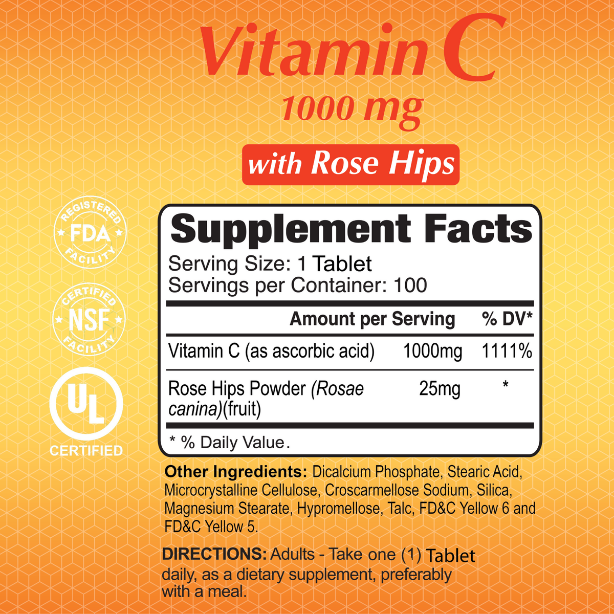 Vitamin C 1000 mg with Rose Hips 100 Tablets Alfa Vitamins Store