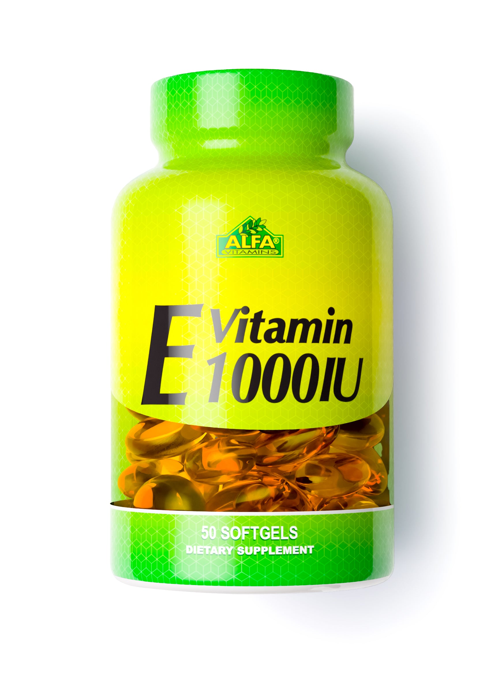 The image shows Alfa Vitamins Vitamin E 1000 IU supplement, featuring a bright green and yellow bottle with 50 softgels. The label highlights its antioxidant and anti-aging properties, with the Alfa Vitamins logo prominently displayed at the top.