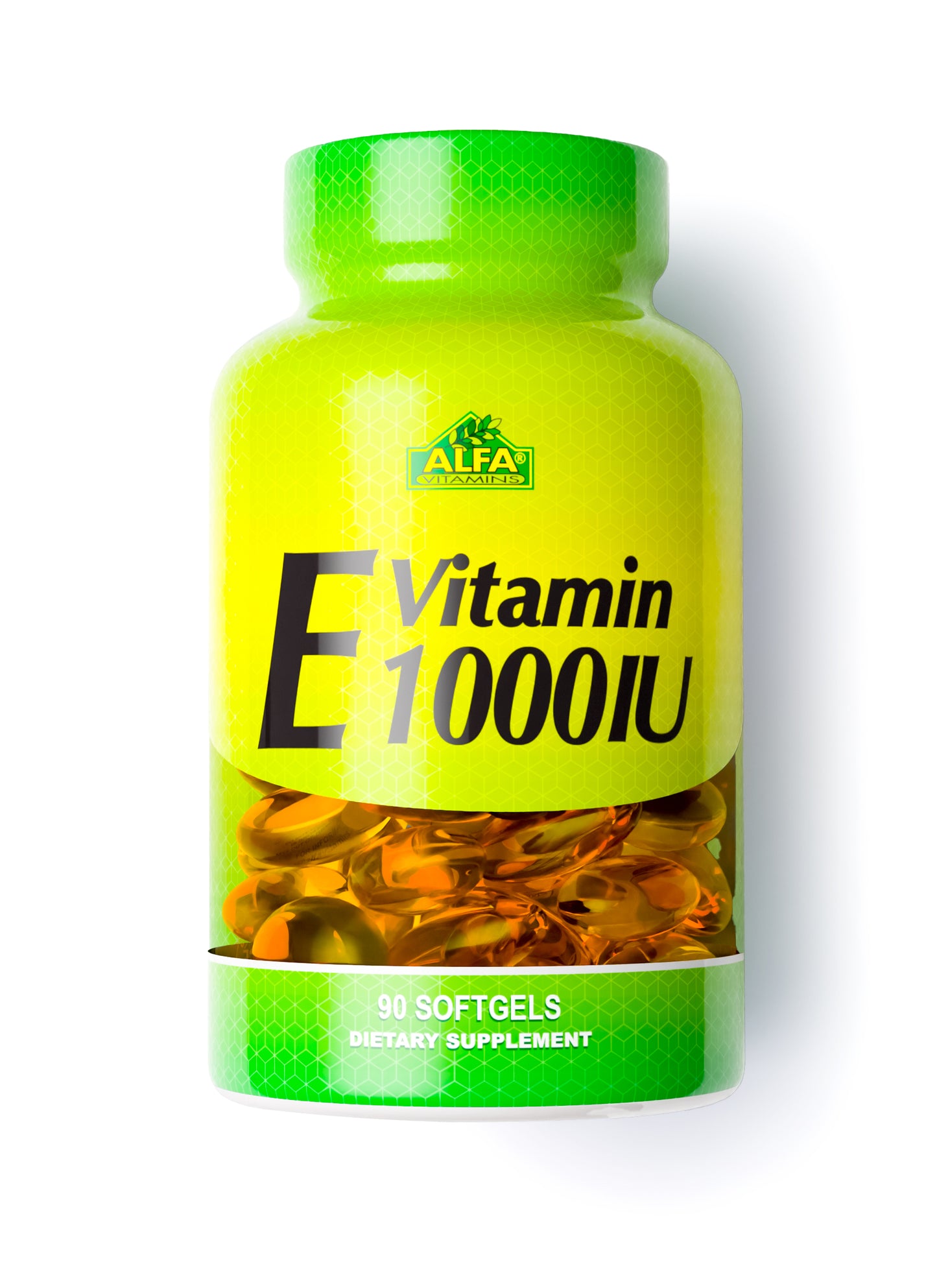 The green and yellow Vitamin E 1000 IU bottle by Alfa Vitamins contains 90 softgels that support skin health. It is transparent at the bottom, showcasing the golden antioxidant-rich softgels inside.