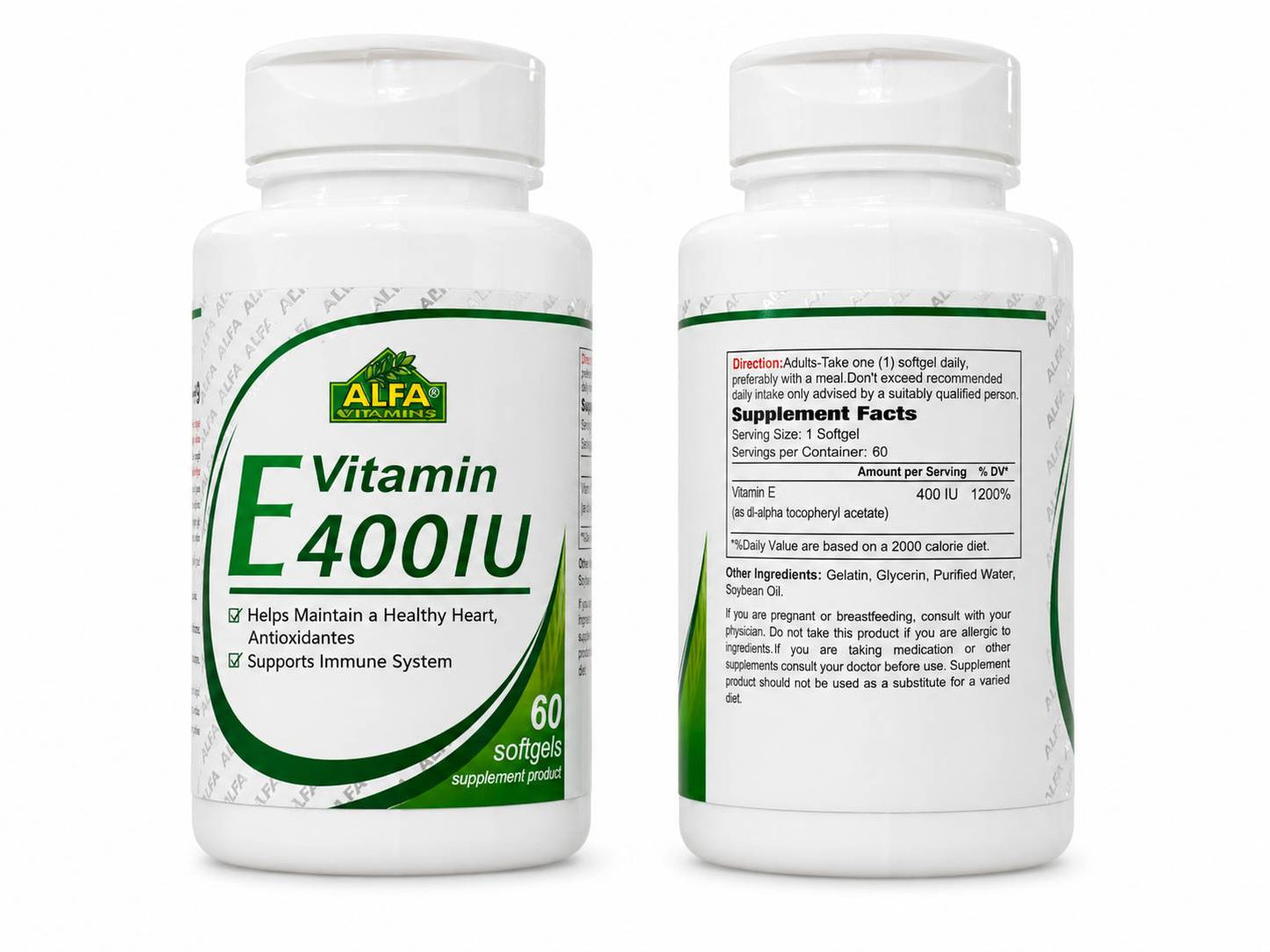 Alfa Vitamins Vitamin E 400 IU 60 softgels bottle - front and back labels