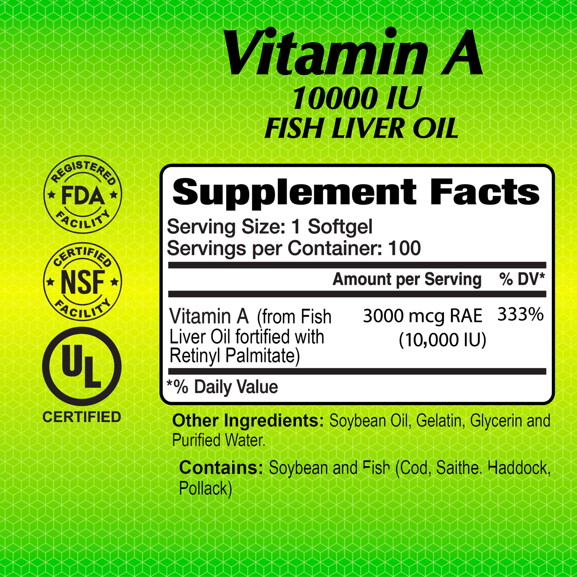 Alfa Vitamins Vitamin A Fish Liver Oil (100 softgels) label displays 10000 IU Fish Liver Oil along with FDA, NSF, and UL logos. Supplement facts include Vitamin A details, serving size, and ingredients such as soybean oil and fish liver oil for vision and immune support.