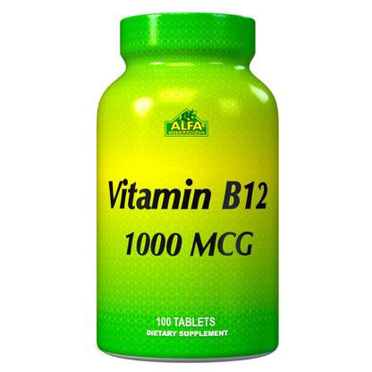 A green bottle labeled Vitamin B12 1000 mcg - 100 tablets features the Alfa Vitamins brand, emphasizing energy generation and nervous system support as a dietary supplement.