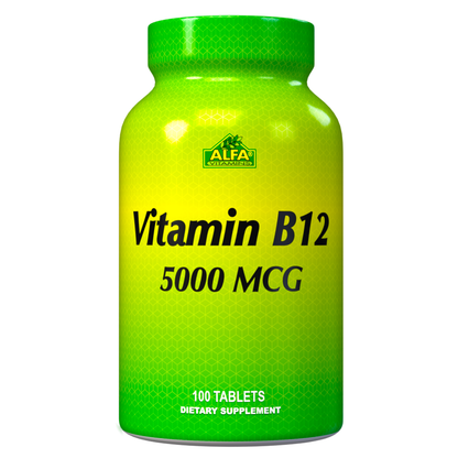 A green bottle from Alfa Vitamins, labeled Vitamin B12 5000 mcg - 100 tablets, is a dietary supplement that supports cellular energy and the nervous system.