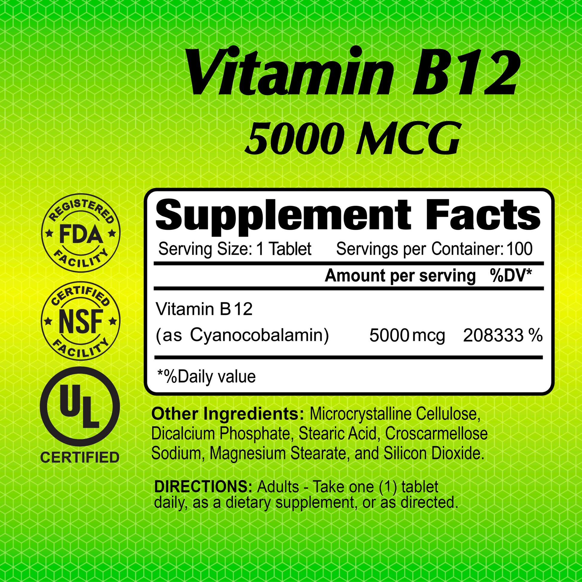 The Alfa Vitamins B12 5000 mcg supplement supports energy and the nervous system. Certified by FDA, NSF, and UL, it includes a detailed supplement facts section with extra ingredients and daily value percentage. Directions recommend taking one tablet daily from the 100-tablet bottle.