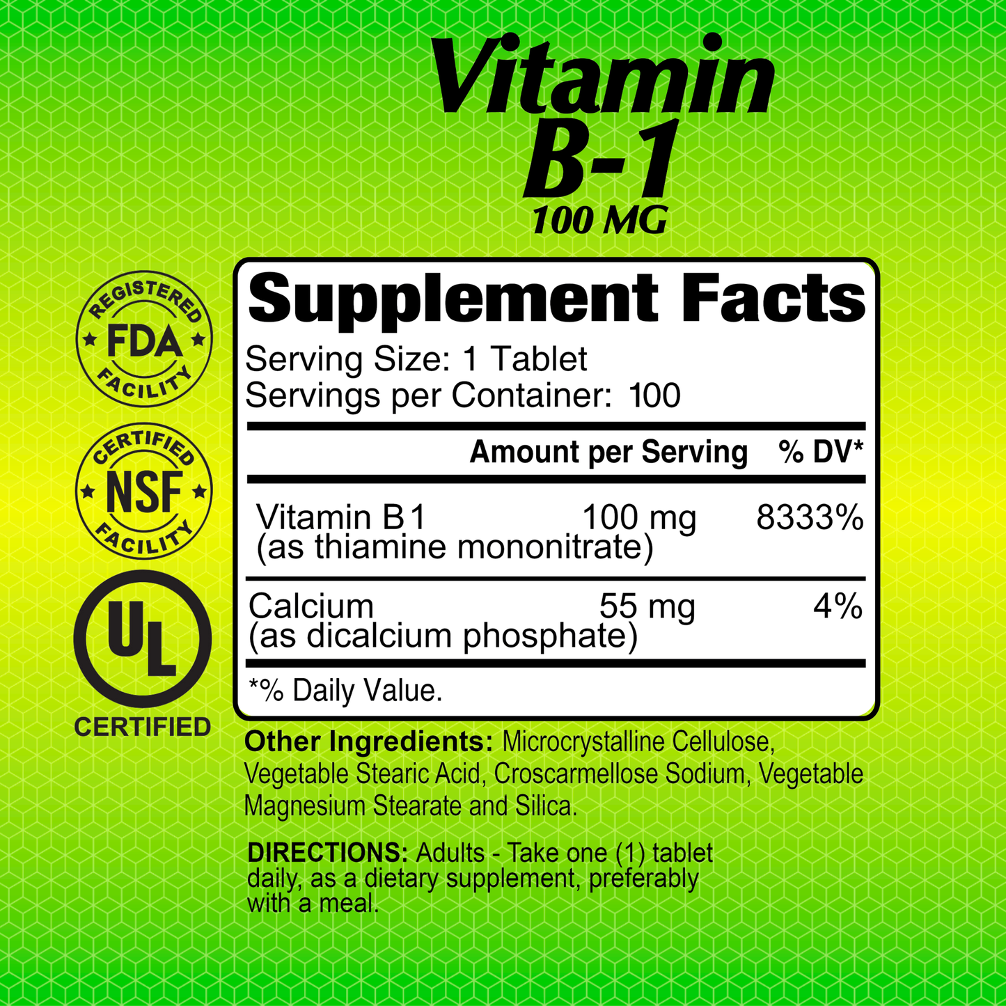 An image displays Alfa Vitamins Vitamin B1 supplement label, noting 100 mg thiamine per tablet and a total of 100 tablets. It features Vitamin B1 and Calcium among ingredients, certification logos, plus adult usage instructions for energy support.