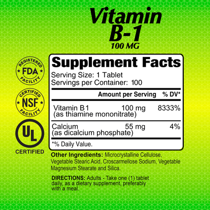 An image displays Alfa Vitamins Vitamin B1 supplement label, noting 100 mg thiamine per tablet and a total of 100 tablets. It features Vitamin B1 and Calcium among ingredients, certification logos, plus adult usage instructions for energy support.