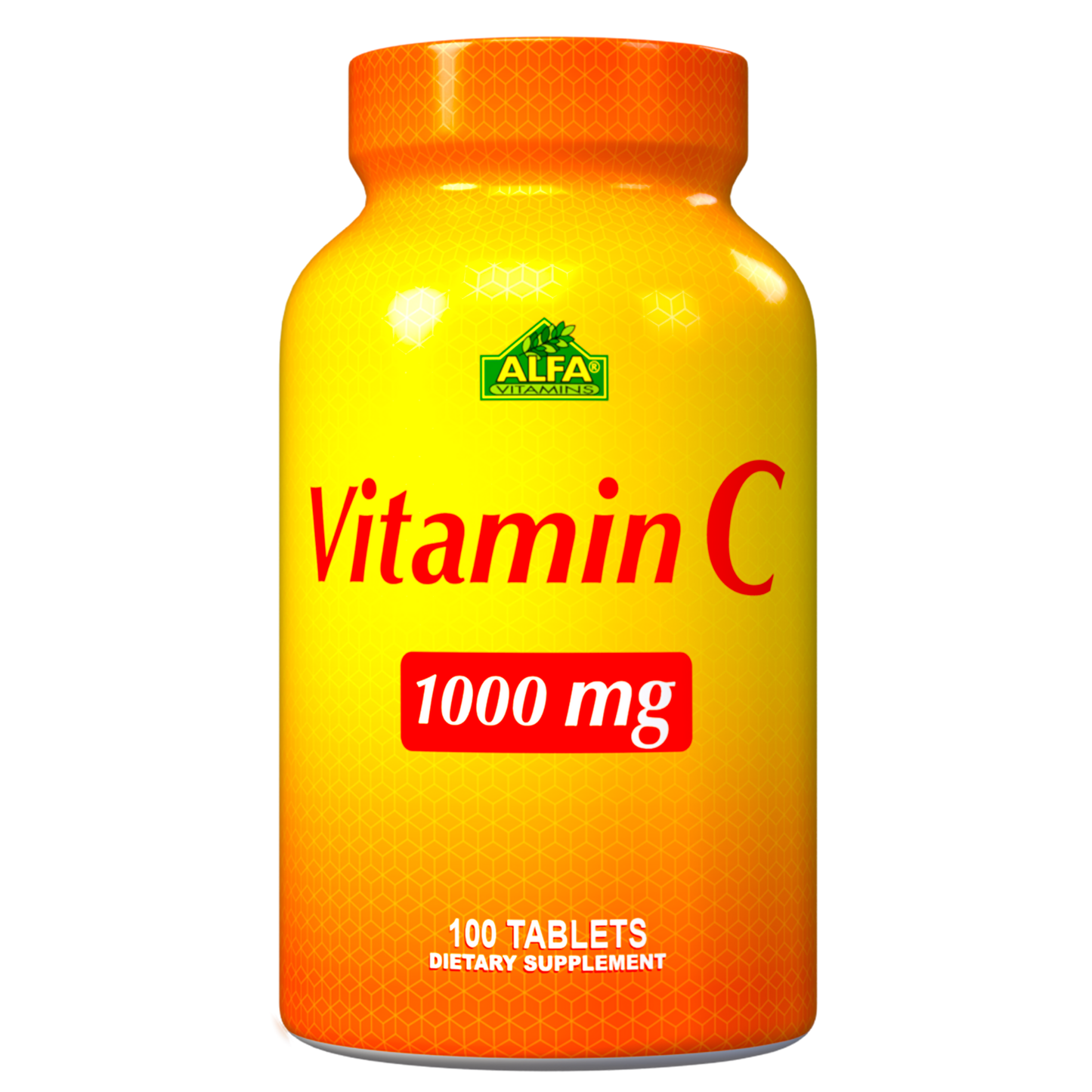 A vivid orange bottle of Alfa Vitamins Vitamin C 1000 mg - 100 Tablets supports immunity and boosts collagen production.