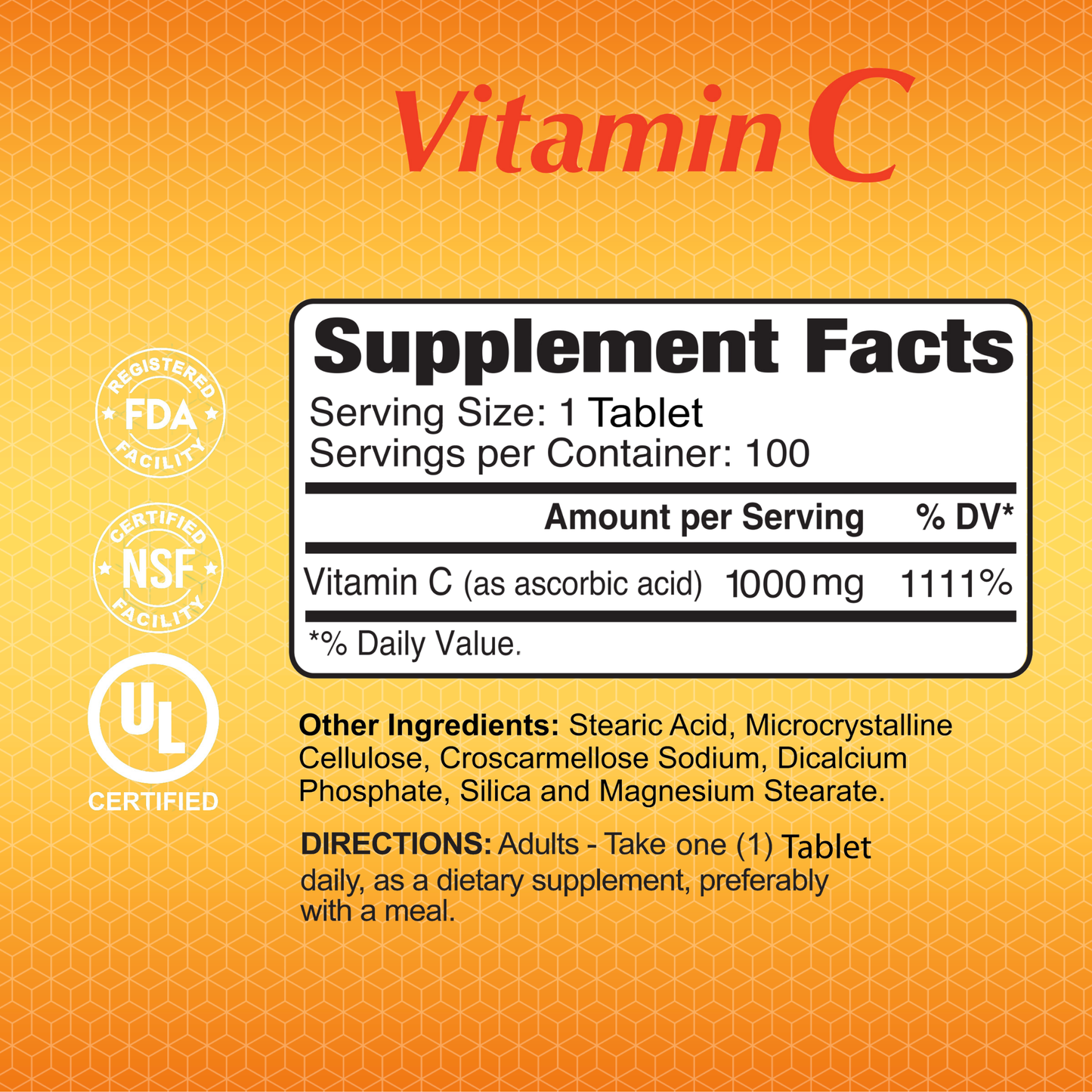 Label for Alfa Vitamins Vitamin C 1000 mg supplement: Enhances immunity and collagen with 1000mg per tablet, offering 1111% daily value. Features inactive ingredients like stearic acid. Adults should take one tablet daily. Certified by FDA, NSF, UL with logos displayed.
