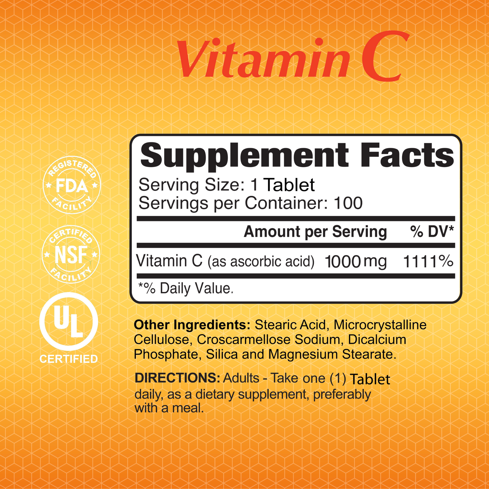Label for Alfa Vitamins Vitamin C 1000 mg supplement: Enhances immunity and collagen with 1000mg per tablet, offering 1111% daily value. Features inactive ingredients like stearic acid. Adults should take one tablet daily. Certified by FDA, NSF, UL with logos displayed.