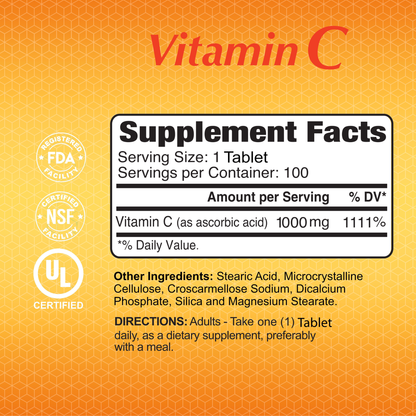 Label for Alfa Vitamins Vitamin C 1000 mg supplement: Enhances immunity and collagen with 1000mg per tablet, offering 1111% daily value. Features inactive ingredients like stearic acid. Adults should take one tablet daily. Certified by FDA, NSF, UL with logos displayed.