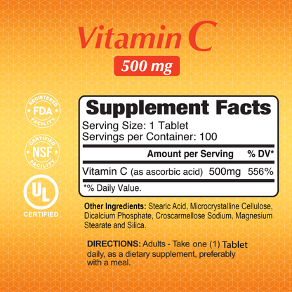 The Alfa Vitamins Vitamin C 500 mg - 100 Tablets features an orange label with Supplement Facts outlining ingredients like stearic acid and cellulose. Certified by FDA, NSF, UL, it supports immunity with antioxidants. Instructions advise taking one tablet daily as a dietary supplement.