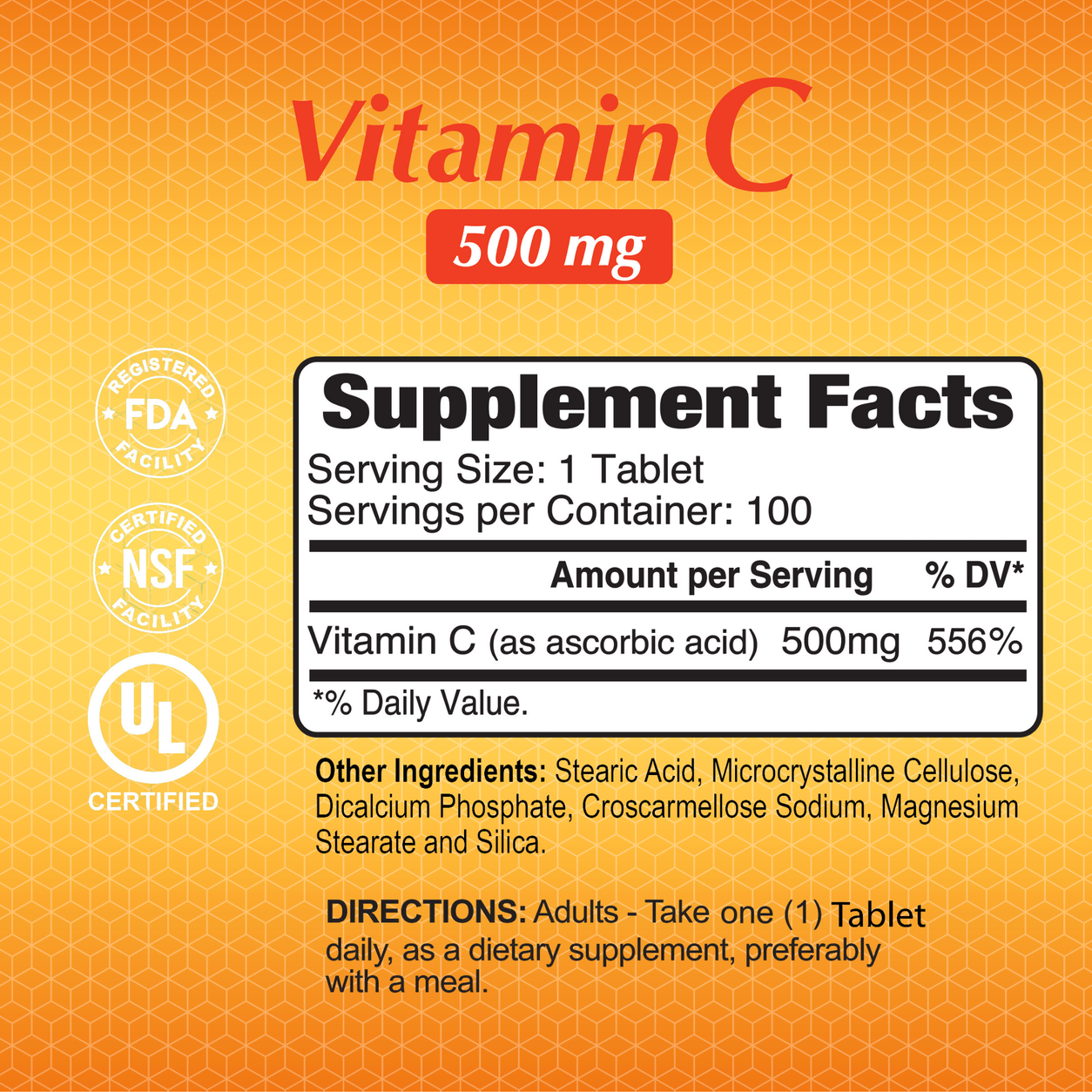 Existing Vitamin C 500 mg -100 Tablets Supplement Facts and ingredients reference