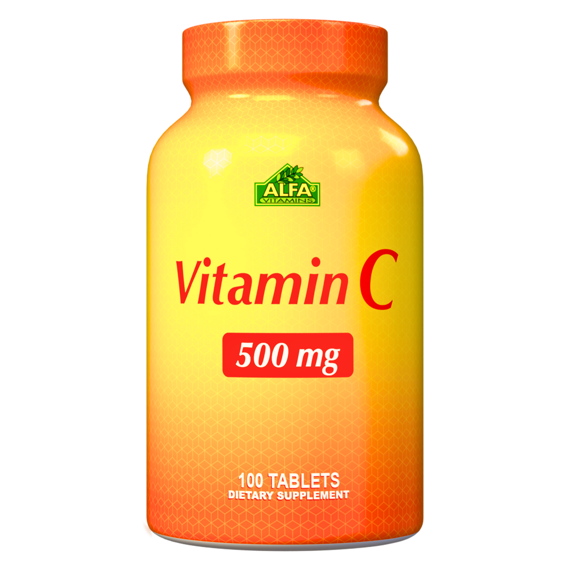 A vibrant yellow and orange Vitamin C 500 mg bottle by Alfa Vitamins features red text and holds 100 tablets. Its eye-catching design highlights antioxidant support for immune health.