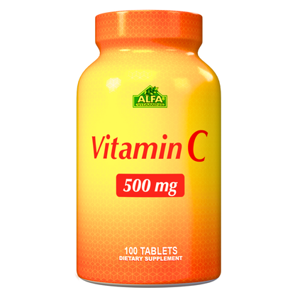 A vibrant yellow and orange Vitamin C 500 mg bottle by Alfa Vitamins features red text and holds 100 tablets. Its eye-catching design highlights antioxidant support for immune health.