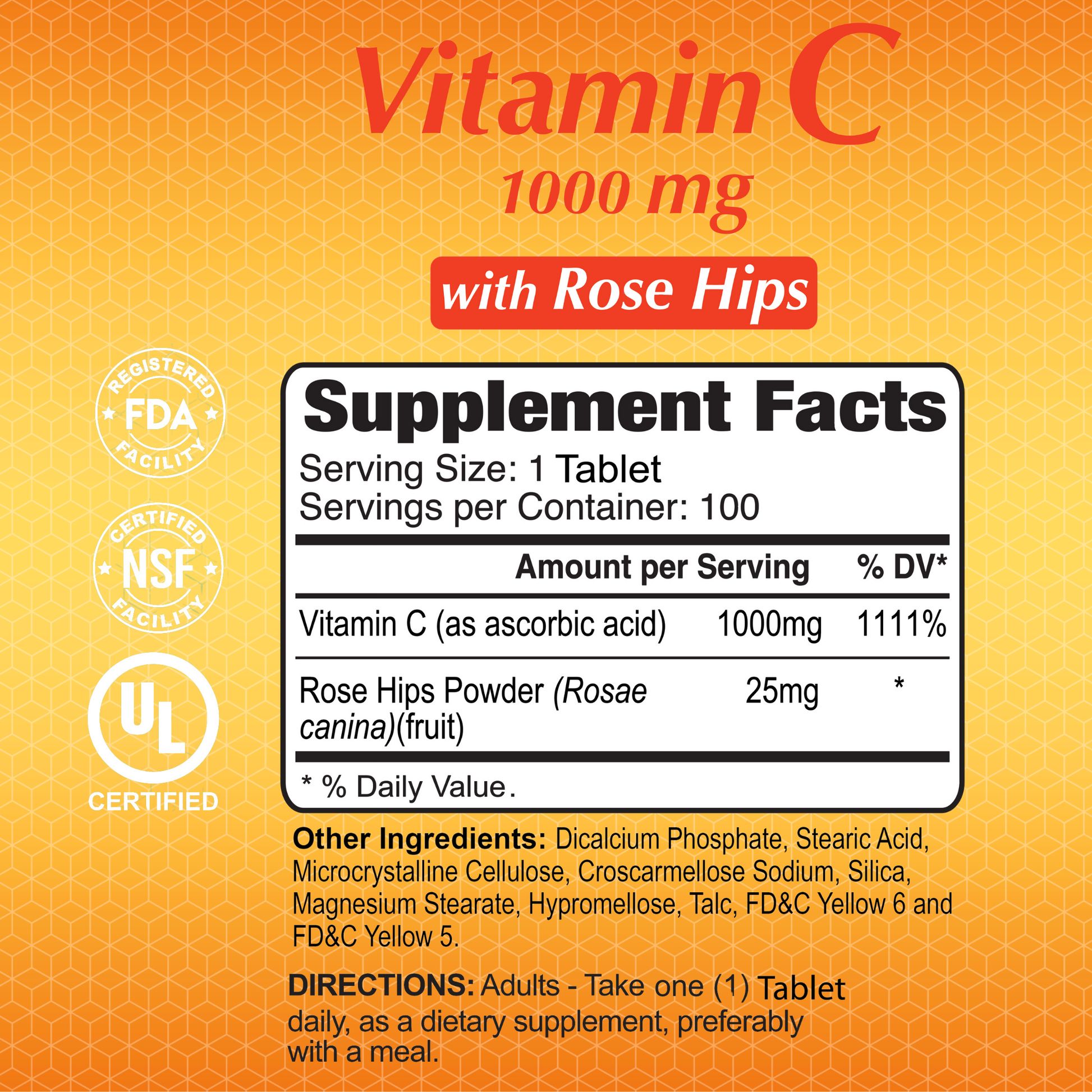 The label for Alfa Vitamins Vitamin C 1000 mg with Rose Hips- 100 Tablets features supplement facts for Vitamin C (1000 mg) and Rose Hips Powder (25 mg). It promotes collagen production, is certified by FDA, NSF, and UL, and the directions advise one tablet daily.