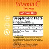 Vitamin C with Rose Hips Supplement Facts label showing one-tablet serving, 100 servings, vitamin C 1000 mg, rose hips 25 mg, and directions.