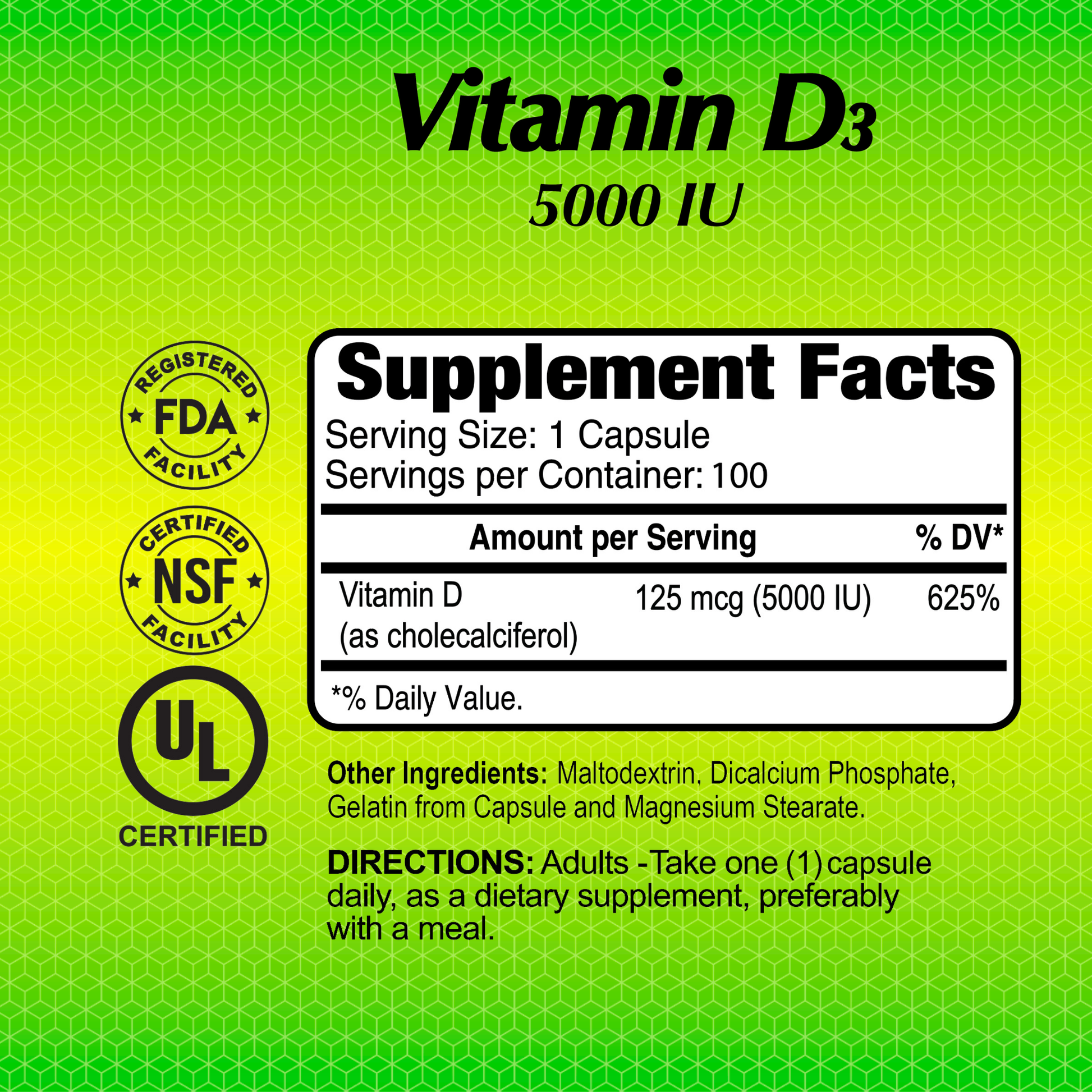 The Alfa Vitamins Vitamin D3 5000 IU label on a yellow-green background emphasizes benefits for bone health and immune support, showing 5000 IU per serving at 625% daily value. It includes certification logos and advises adults to take one capsule daily as a dietary supplement.