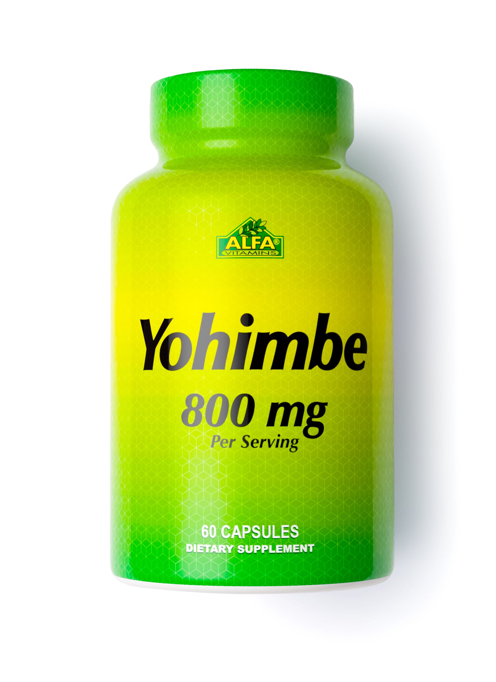 Green and yellow bottle labeled Yohimbe 600 mg pure extract by Alfa Vitamins, containing 60 capsules of male dietary supplement. Designed to support sexual function and boost energy levels naturally.