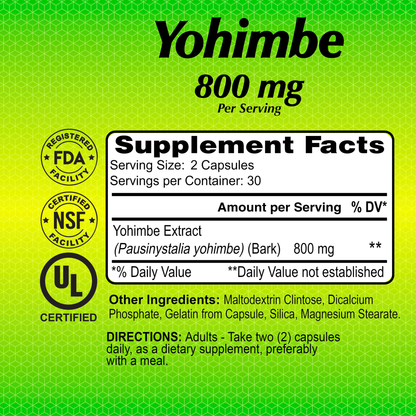 The Yohimbe 600 mg supplement from Alfa Vitamins, featuring a yellow and green label, supports sexual function and is FDA, NSF, UL certified. Supplement facts cover serving size, servings per container, amount per serving, and ingredients. Directions advise taking two capsules daily.