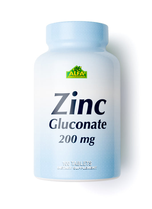 A light blue bottle of Zinc Gluconate 200 mg - 100 tablets by Alfa Vitamins features a green ALFA logo, labeled as a dietary supplement, perfect for immune support and skin repair.