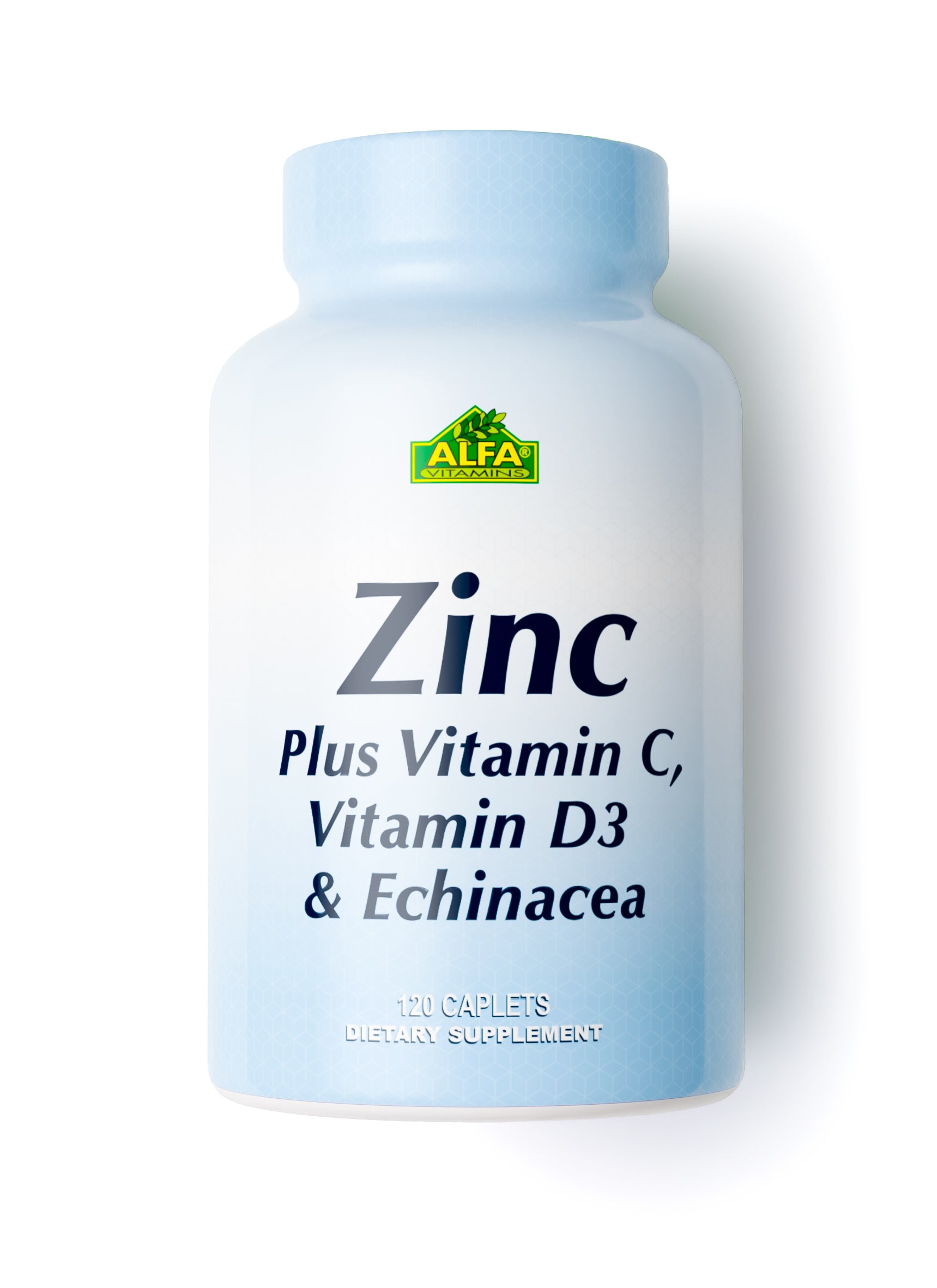 A light blue bottle labeled Zinc + Vitamin C, Vitamin D3 & Echinacea - 120 Caplets features a green Alfa Vitamins Store logo, offering essential nutrients like Vitamin D and Zinc to supplement your diet.