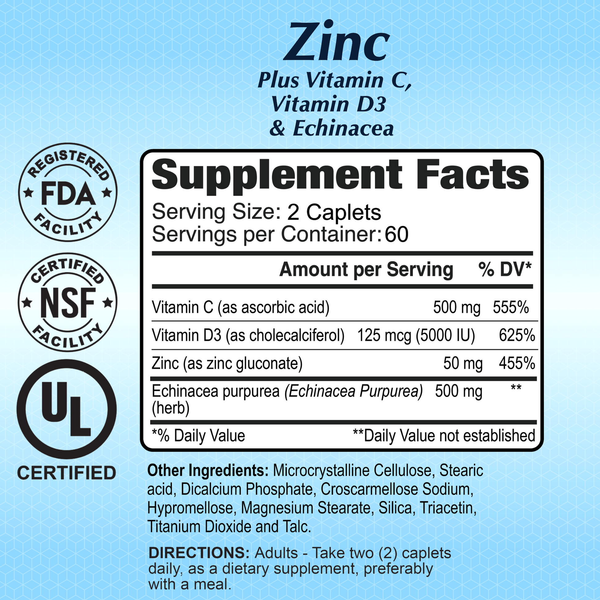 A blue label for Alfa Vitamins Stores Zinc + Vitamin C, Vitamin D3 & Echinacea - 120 Caplets shows serving size, per-serving amounts, ingredients, FDA, NSF, UL certifications, usage directions, and a tamper warning.