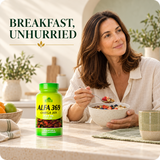 Alfa 369 breakfast lifestyle with authentic 100-softgel packaging