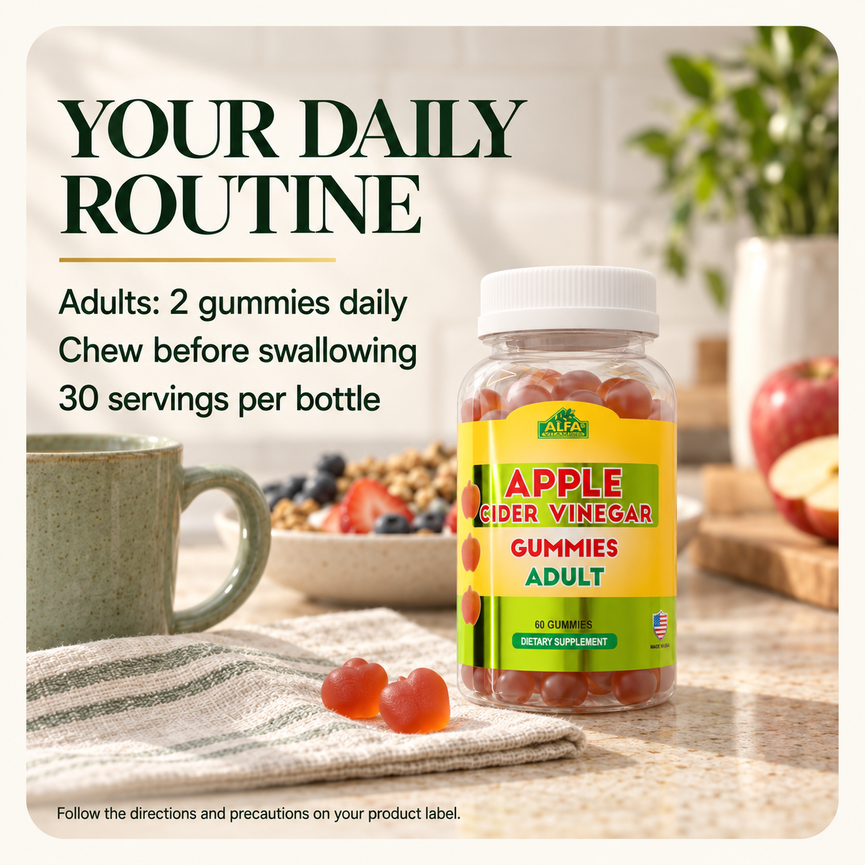 Your daily routine: two gummies daily for adults, with the original white-cap bottle