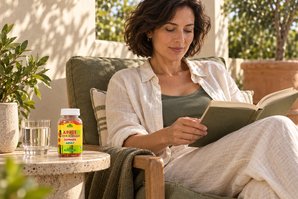 An adult reads on a sunlit terrace with Alfa Apple Cider Vinegar Gummies on the side table.