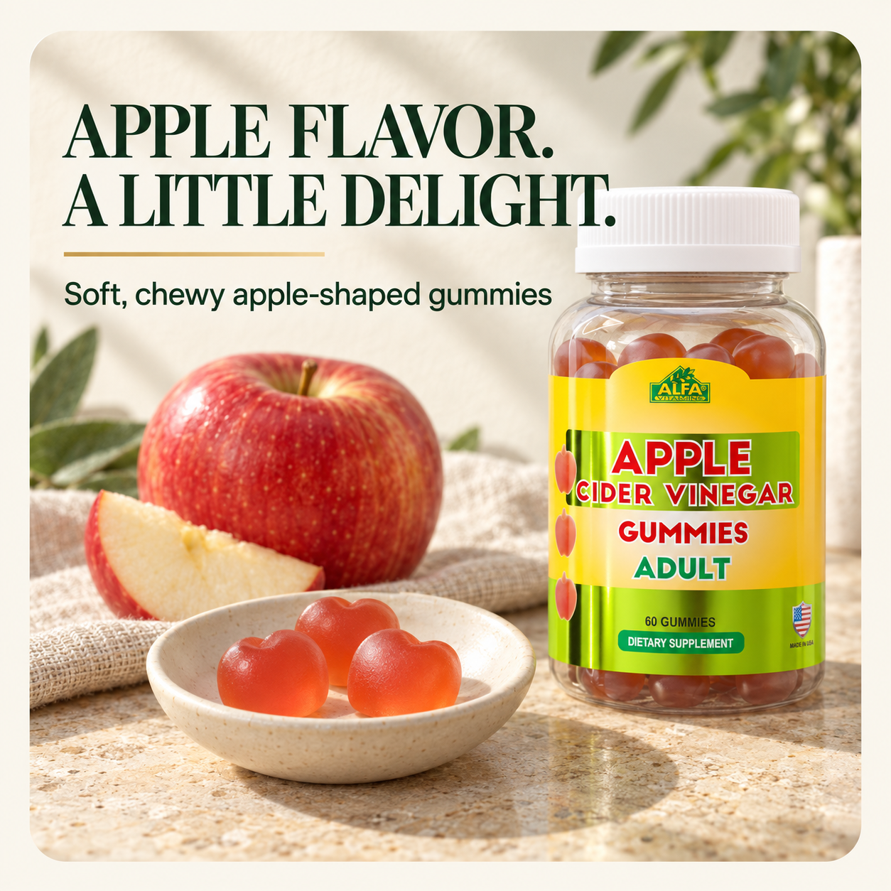 Apple-flavored chewy gummies with the original Alfa packaging
