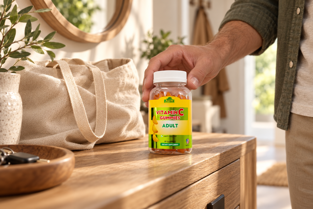 Adult handling a closed Alfa Vitamin C Gummies bottle beside a canvas bag.