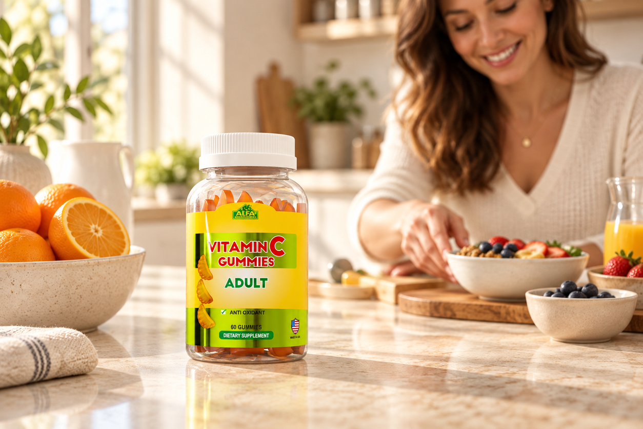 Closed Alfa Vitamin C Gummies Adult bottle in a kitchen setting.