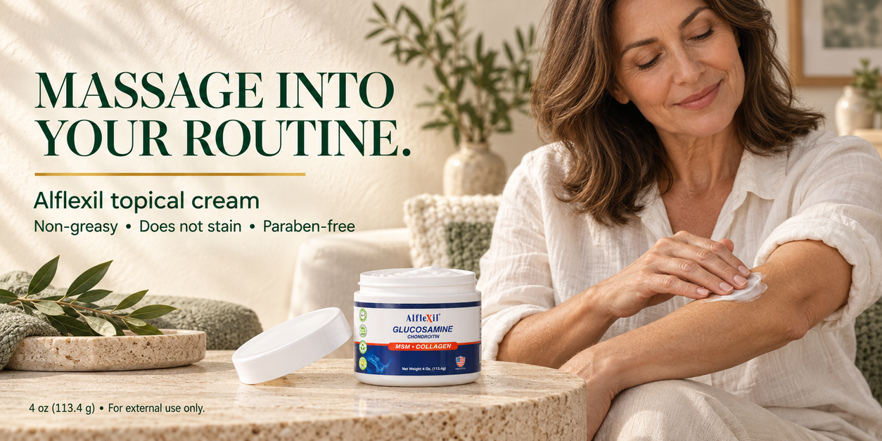 Alflexil cream jar beside a woman gently applying cream during a quiet daily massage routine