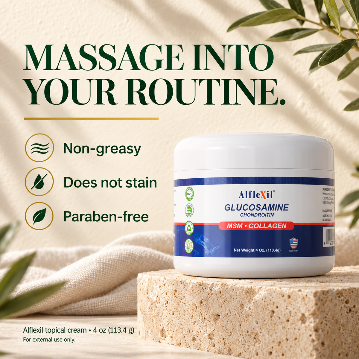 Alflexil 4 oz topical cream with label features: non-greasy, does not stain and paraben-free.
