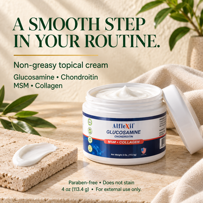Open Alflexil cream jar and white cream texture, with glucosamine, chondroitin, MSM and collagen.