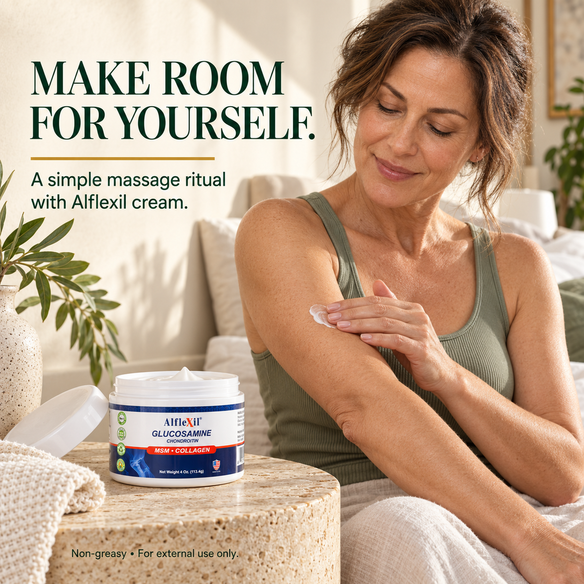 Adult woman gently massaging a modest amount of Alflexil cream onto intact arm skin.