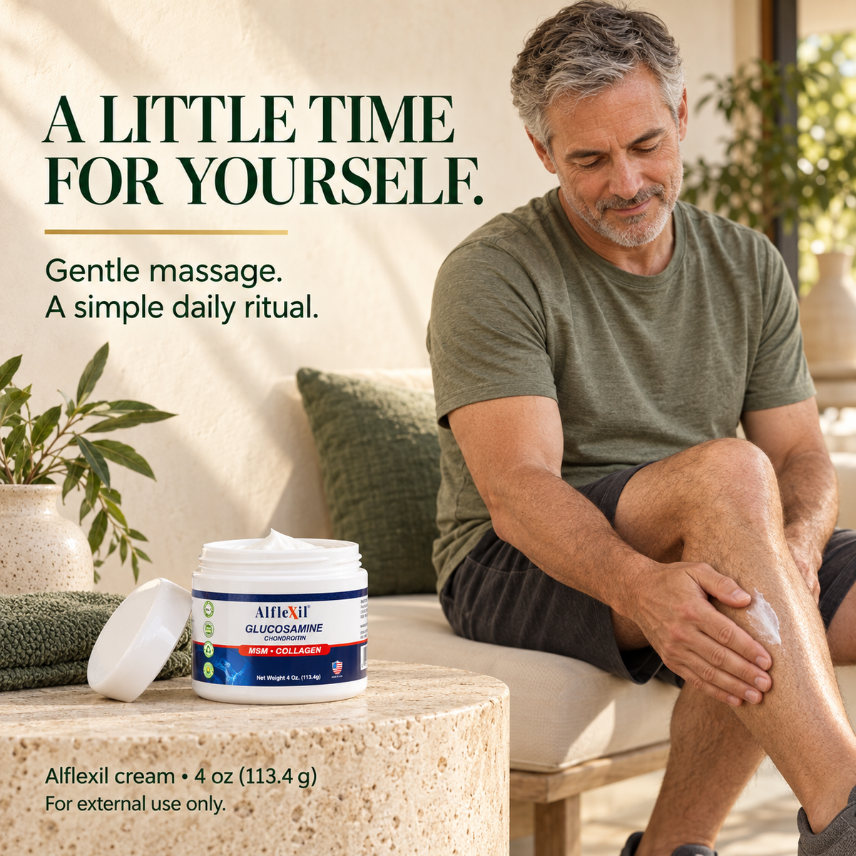 Adult man gently massaging Alflexil cream onto intact leg skin during a daily massage routine.