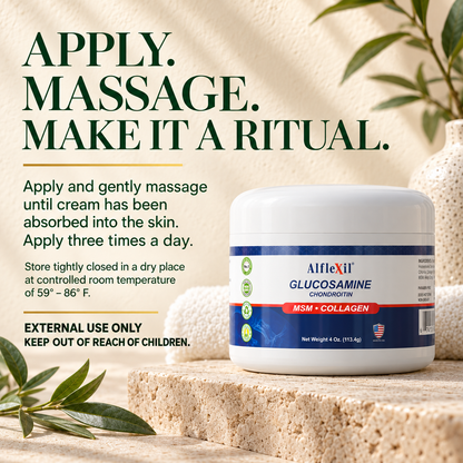 Alflexil directions: apply and gently massage until absorbed, three times a day; external use only; store at 59–86 degrees Fahrenheit.