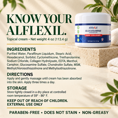 Complete Alflexil cream label: all ingredients, application directions, storage, external-use warning and keep out of reach of children.
