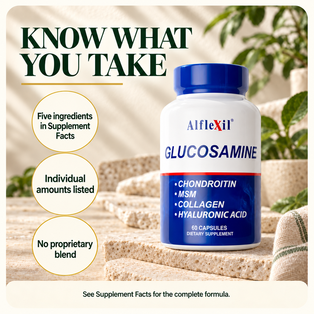 Five individually listed ingredients in Supplement Facts, with no proprietary blend.