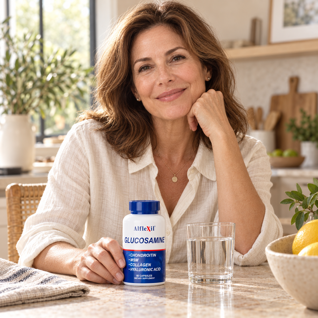 An adult seated at a kitchen table with Alflexil and a glass of water.