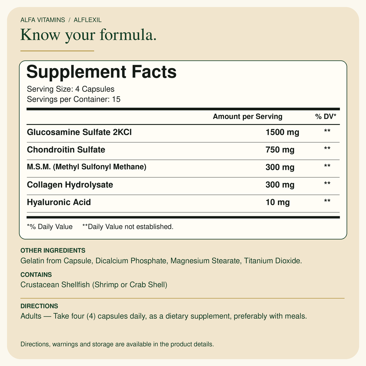 Alflexil Supplement Facts: four capsules per serving, 15 servings per bottle.
