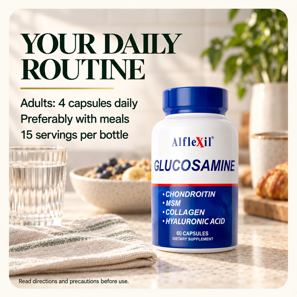 Adults: four capsules daily, preferably with meals. 15 servings per bottle.