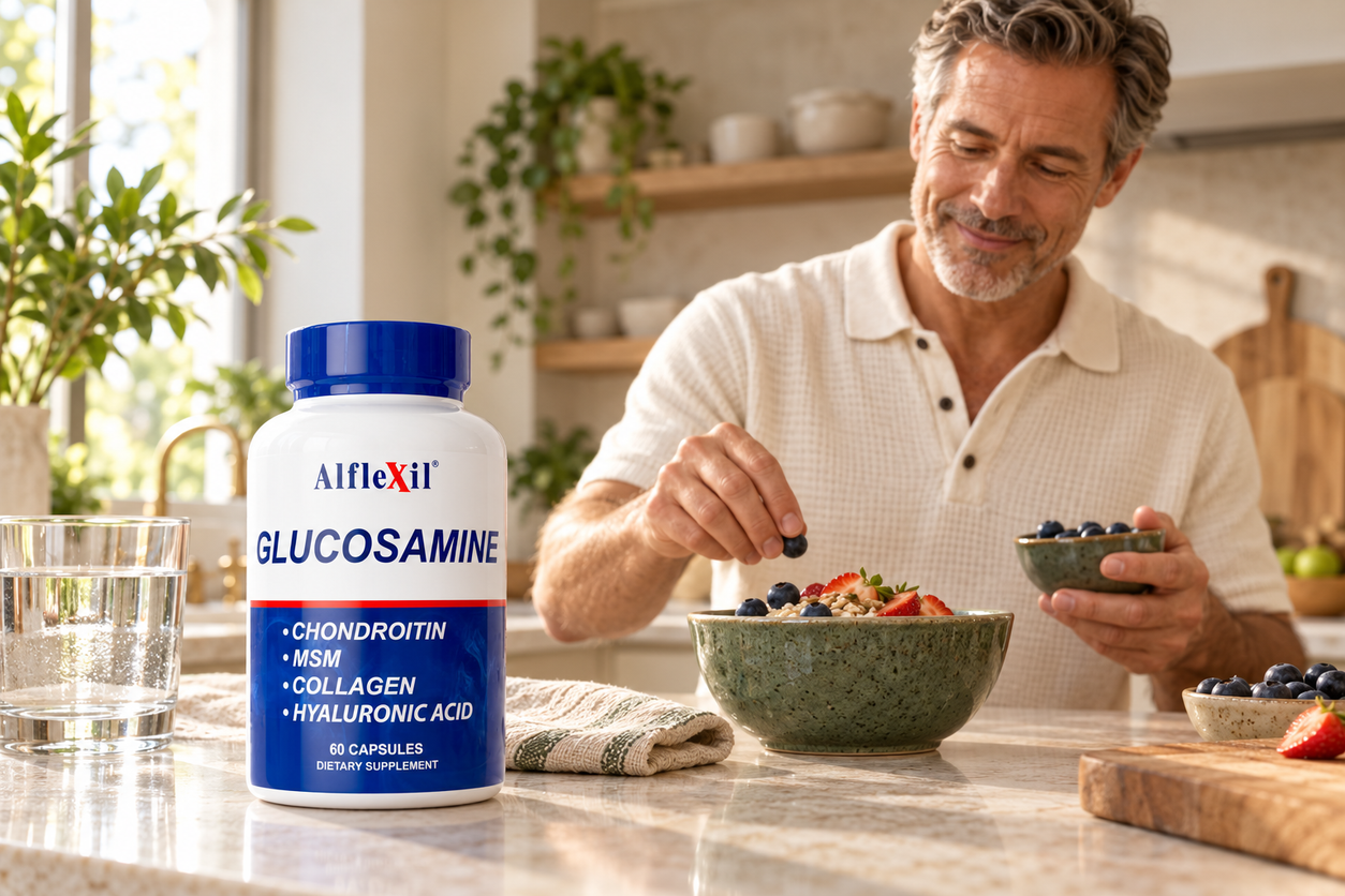 An adult prepares breakfast with Alflexil on the kitchen counter.