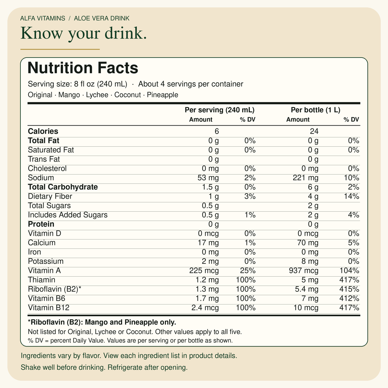 Aloe Vera Drink Nutrition Facts per 240 mL serving and per 1 L bottle; Riboflavin applies only to Mango and Pineapple.