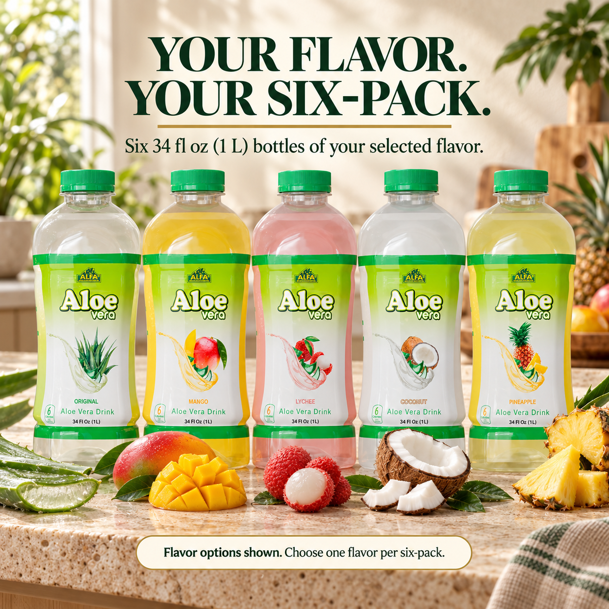 Five Aloe Vera Drink flavor options in 34 fl oz bottles; choose a flavor for your six-pack.
