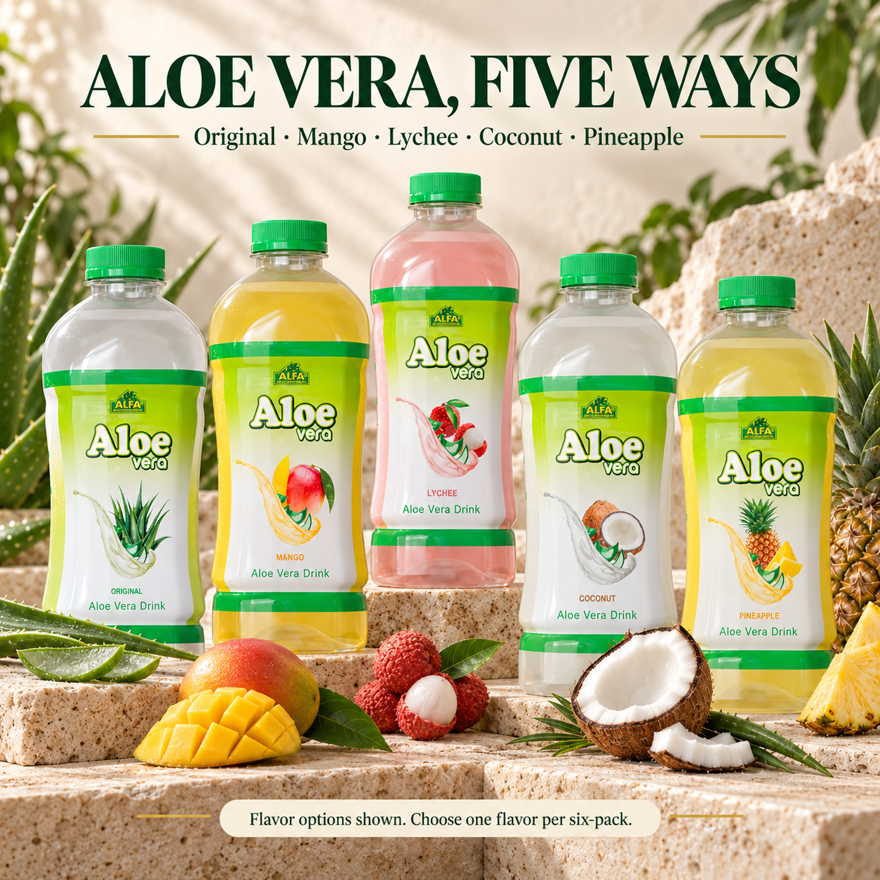 Original, Mango, Lychee, Coconut and Pineapple Aloe Vera Drink flavor options; ingredients vary by flavor.