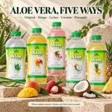 Original, Mango, Lychee, Coconut and Pineapple Aloe Vera Drink flavor options; ingredients vary by flavor.
